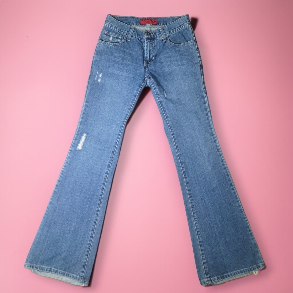 LOB SUPER KNEE - Rare Y2K Distressed Womens Extra Wide Leg Flared Jeans Size 29
